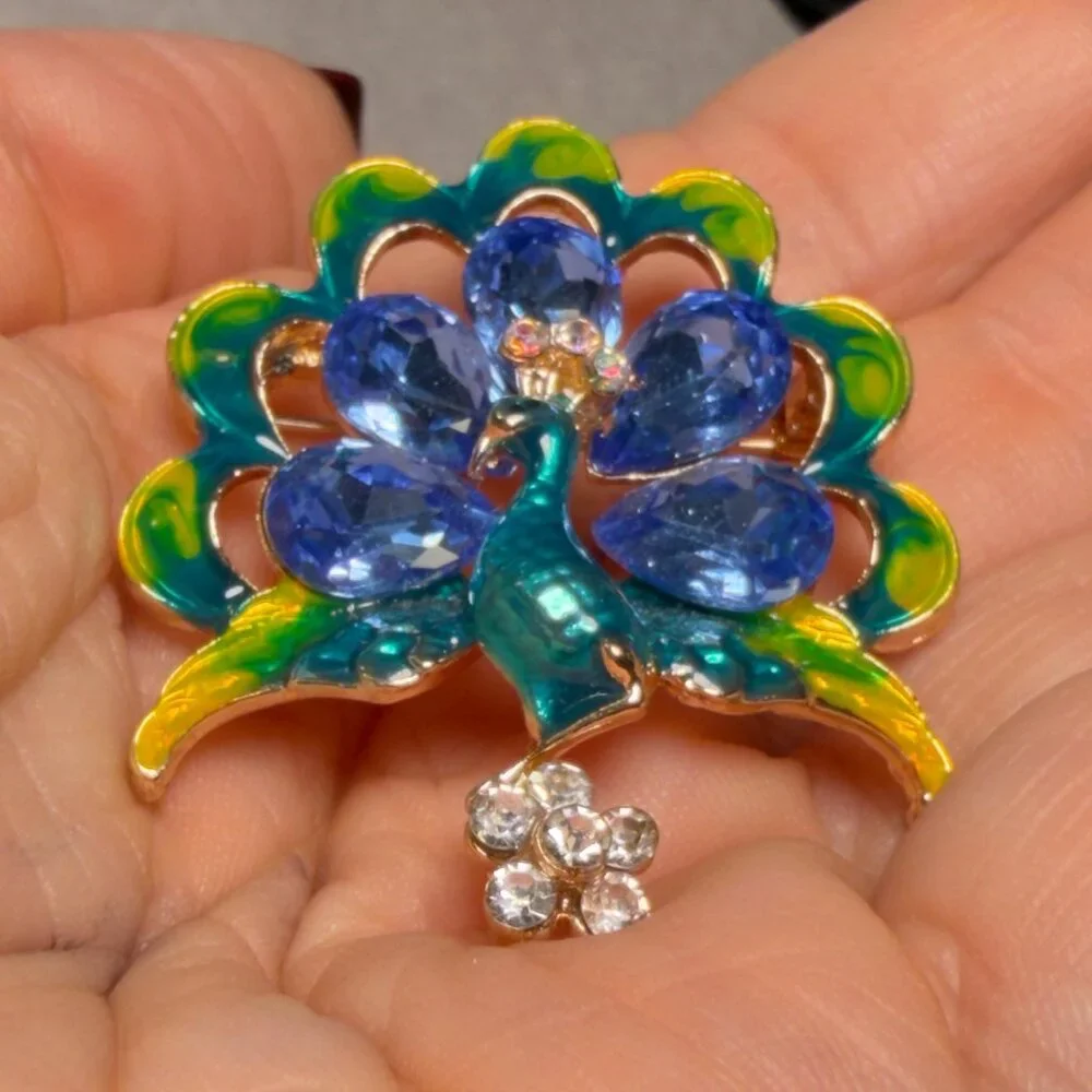 Peacock Brooch Blue Rhinestone Enamel Statement Pin – 1.75”